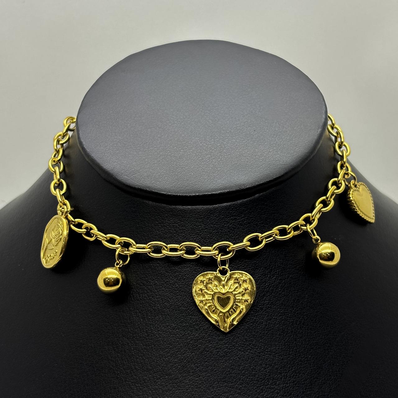 #GOL221 - Gargantilla Con Colgantes De Corazón y Rosa De Acero Laminado 18k - LA055/