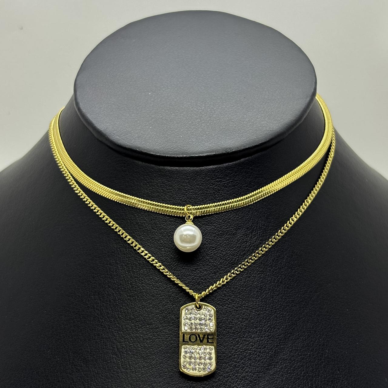#GOL203 - Garganilla Doble Con Dije De Perla Y Love De Acero Laminado 18k - LA030/