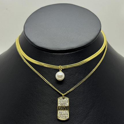 #GOL203 - Garganilla Doble Con Dije De Perla Y Love De Acero Laminado 18k - LA030/