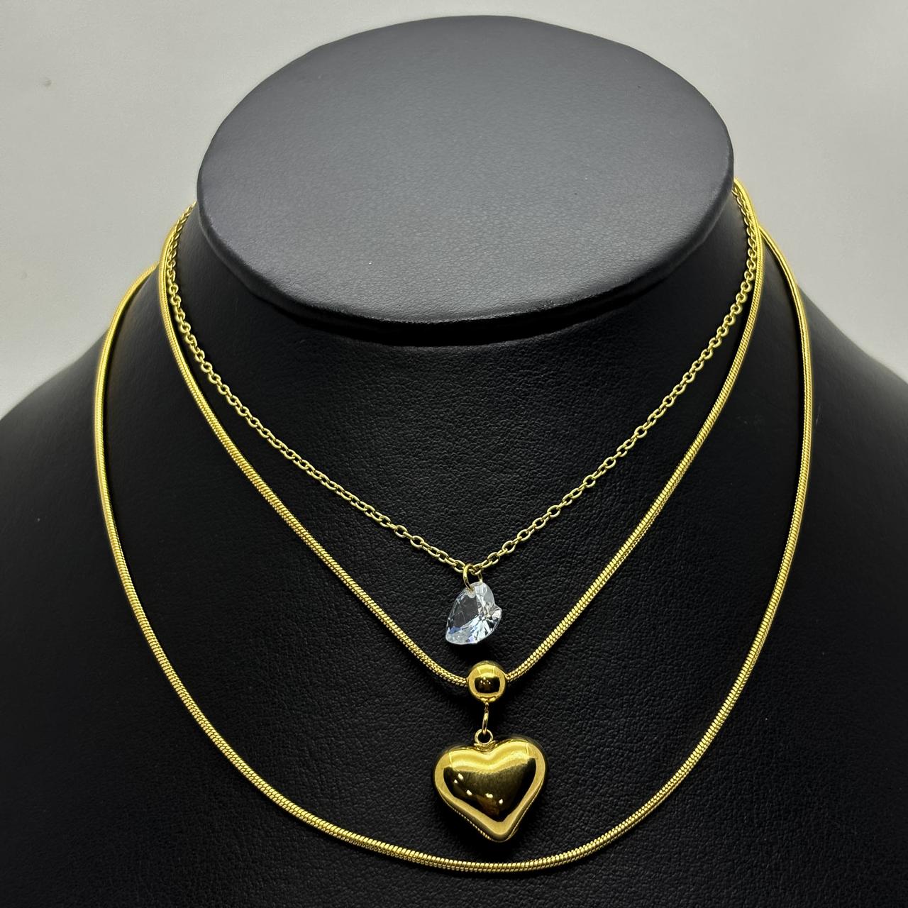 #GOL225 - Gargantilla Triple Con Corazones De Acero Laminado 18k - LB050/
