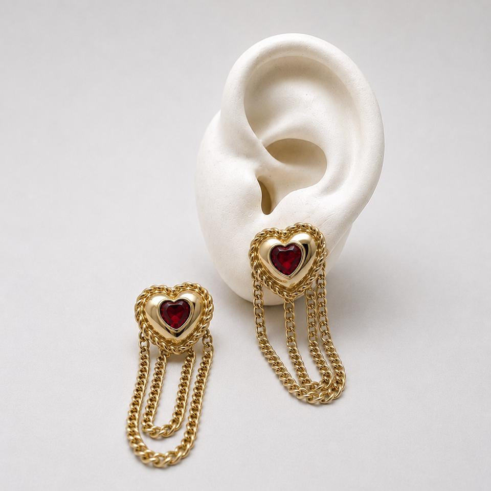 ARL188 - Arete De Corazón Con Cadena De Acero Laminado 18k - LA050/