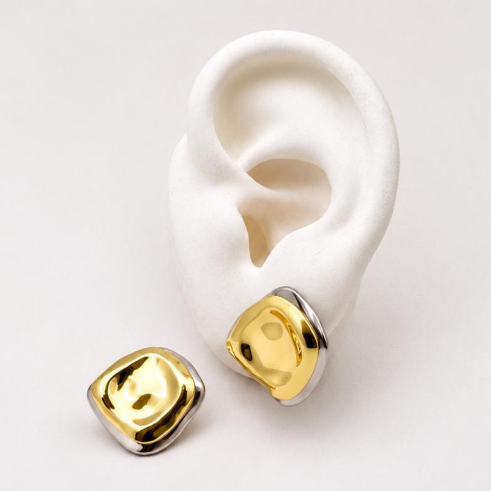 ARL195 - Aretes Cuadrados Bicolor De Acero Laminado 18k - LB030/