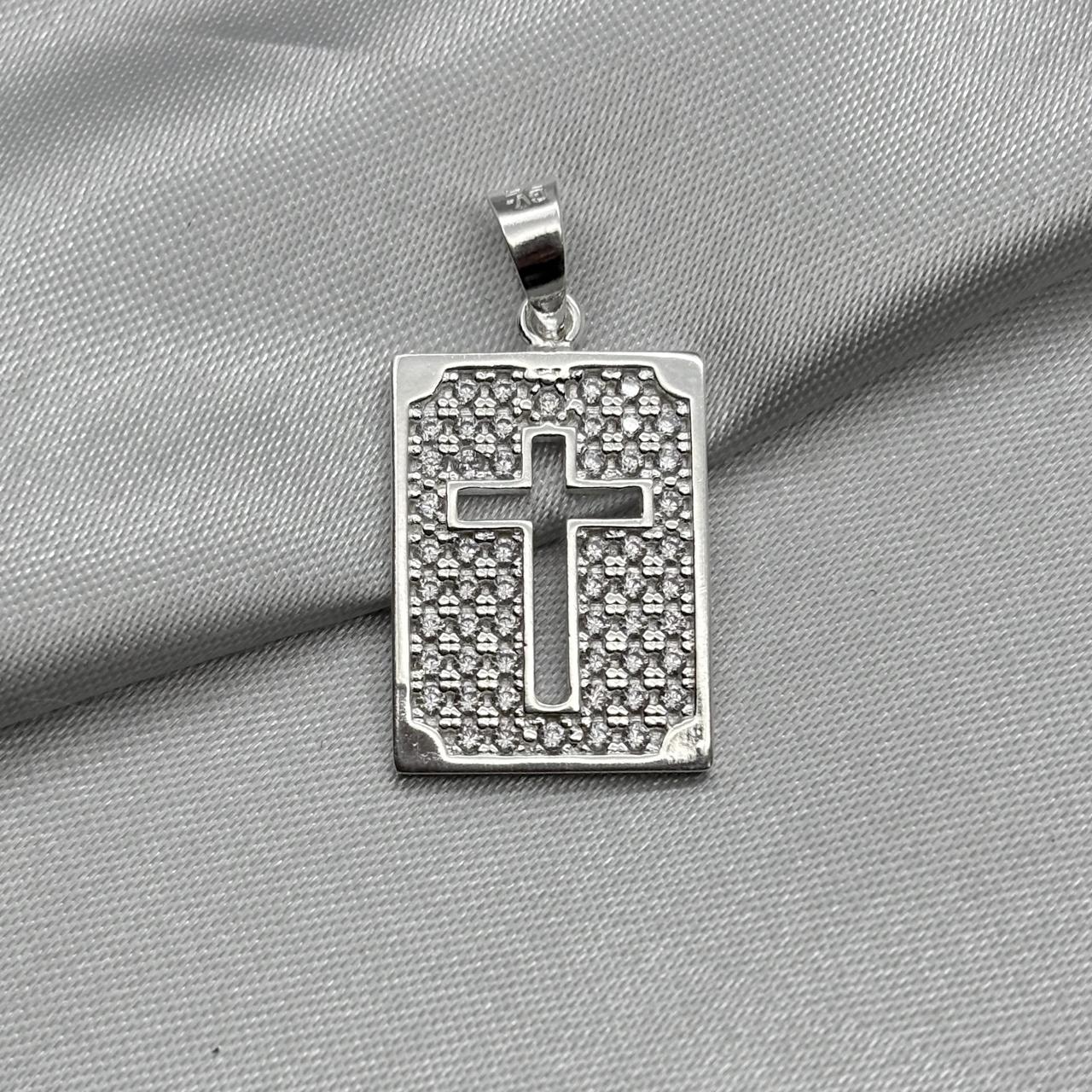 #D441 - Dije Rectangular Con Cruz Y Piedra Zirconia De Plata - A09/4.0