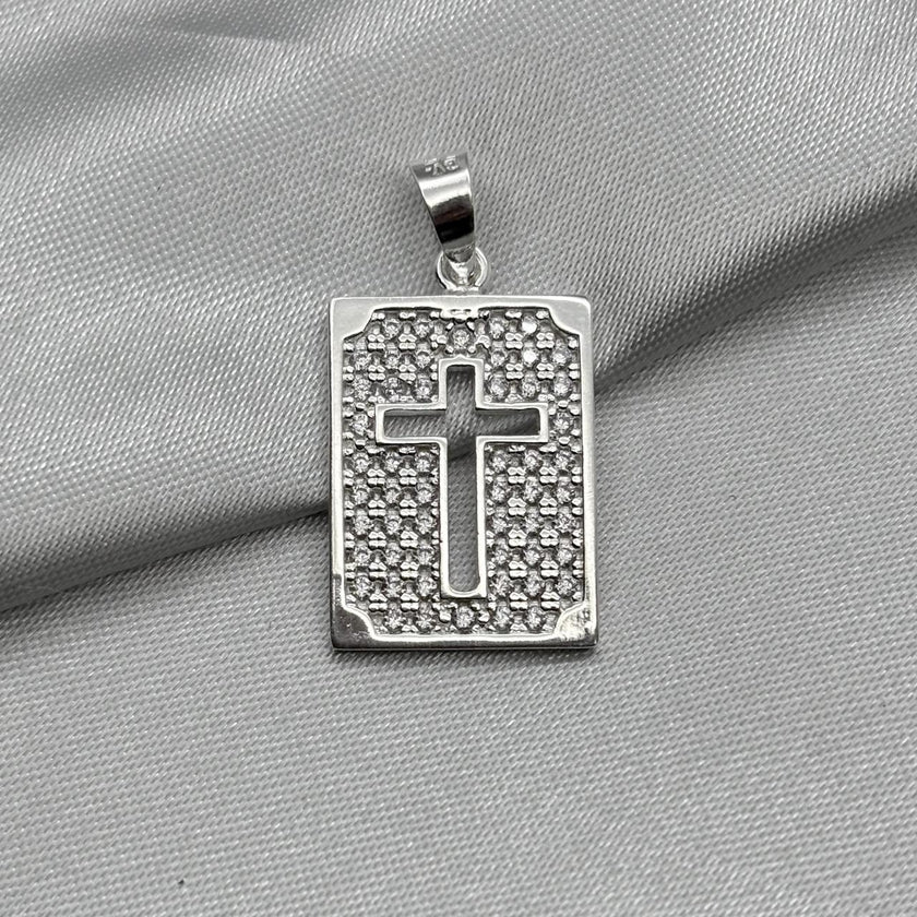 #D441 - Dije Rectangular Con Cruz Y Piedra Zirconia De Plata - A09/4.0