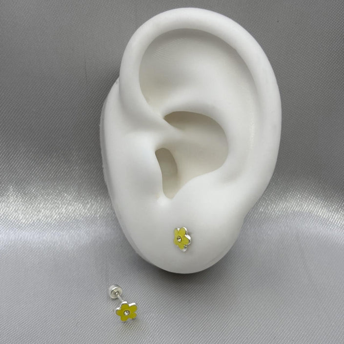 #BR312 - Broquel Flor Esmaltada Con Piedra Zirconia Plata - F34/