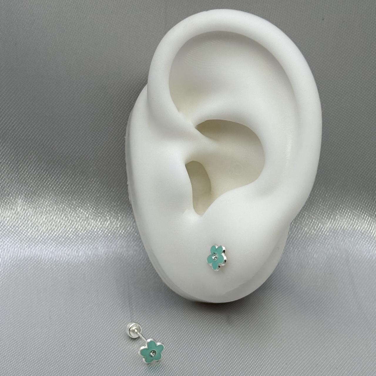 #BR312 - Broquel Flor Esmaltada Con Piedra Zirconia Plata - F34/