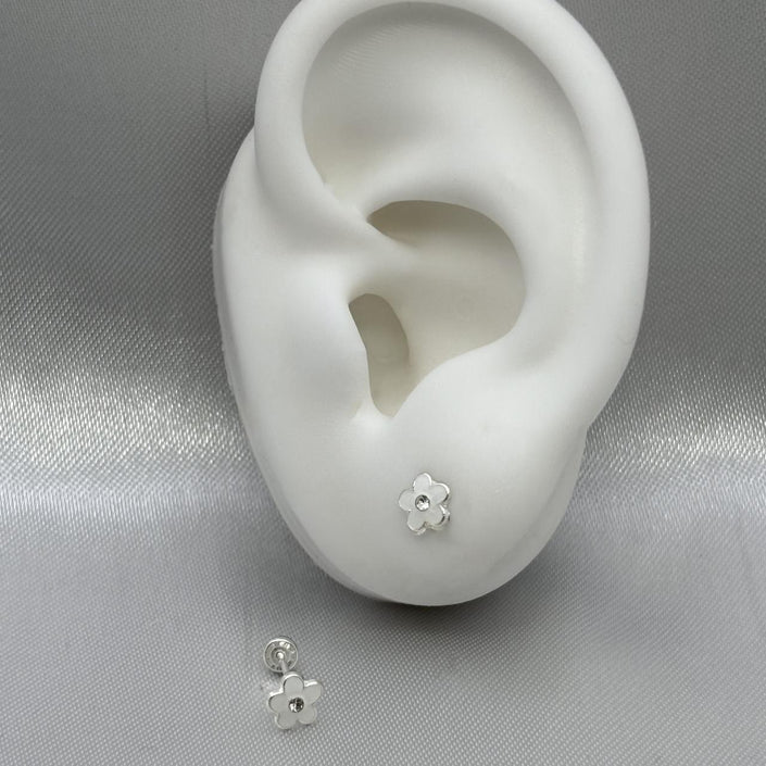 #BR312 - Broquel Flor Esmaltada Con Piedra Zirconia Plata - F34/