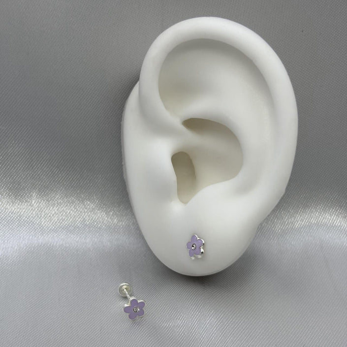 #BR312 - Broquel Flor Esmaltada Con Piedra Zirconia Plata - F34/