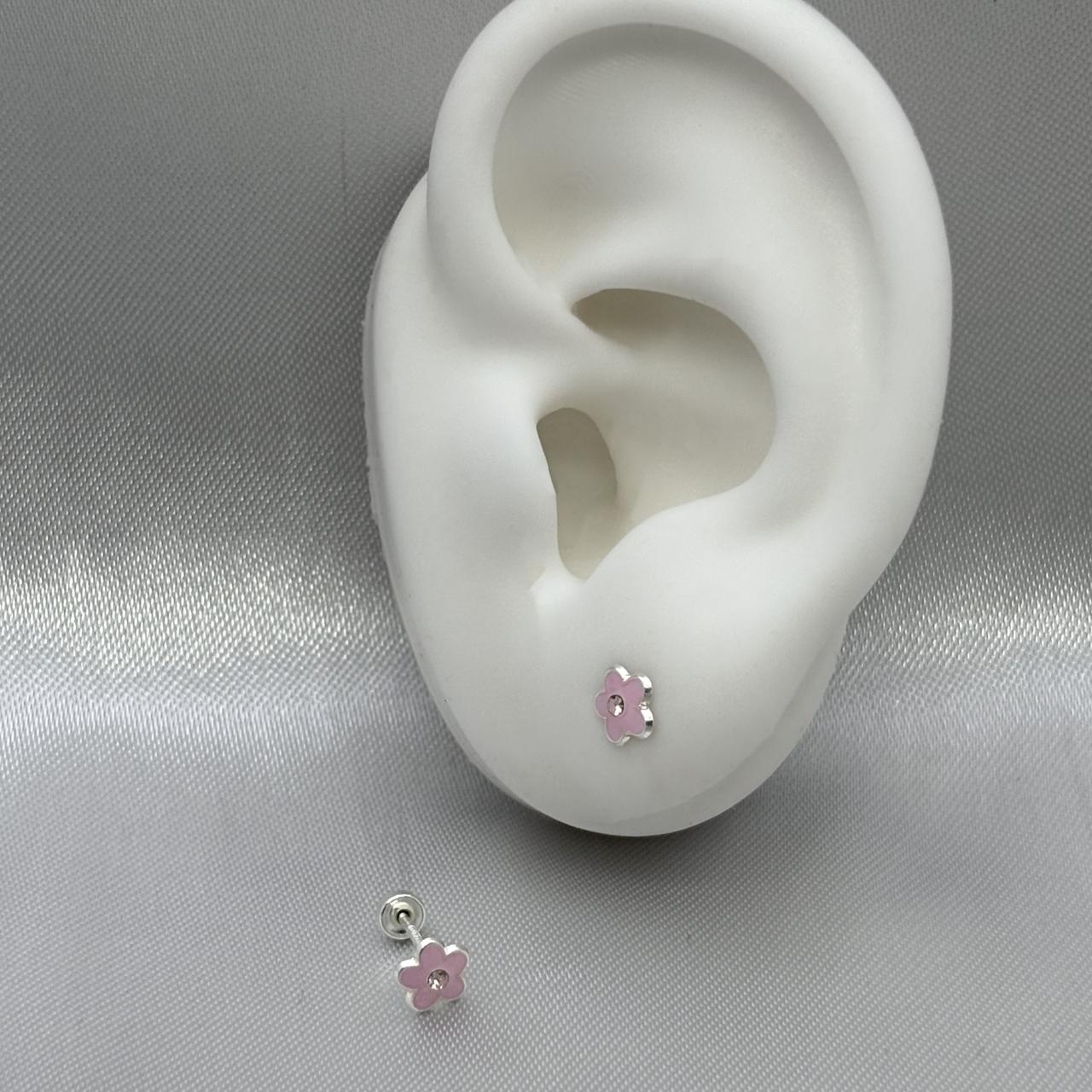 #BR312 - Broquel Flor Esmaltada Con Piedra Zirconia Plata - F34/