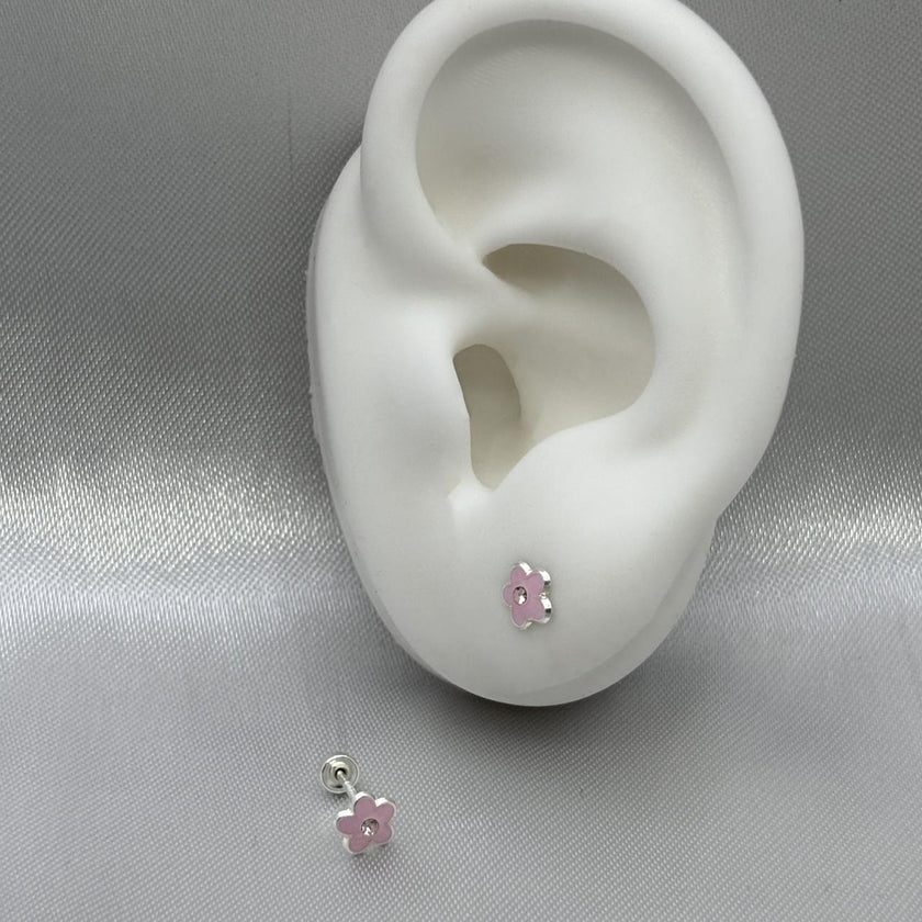 #BR312 - Broquel Flor Esmaltada Con Piedra Zirconia Plata - F34/