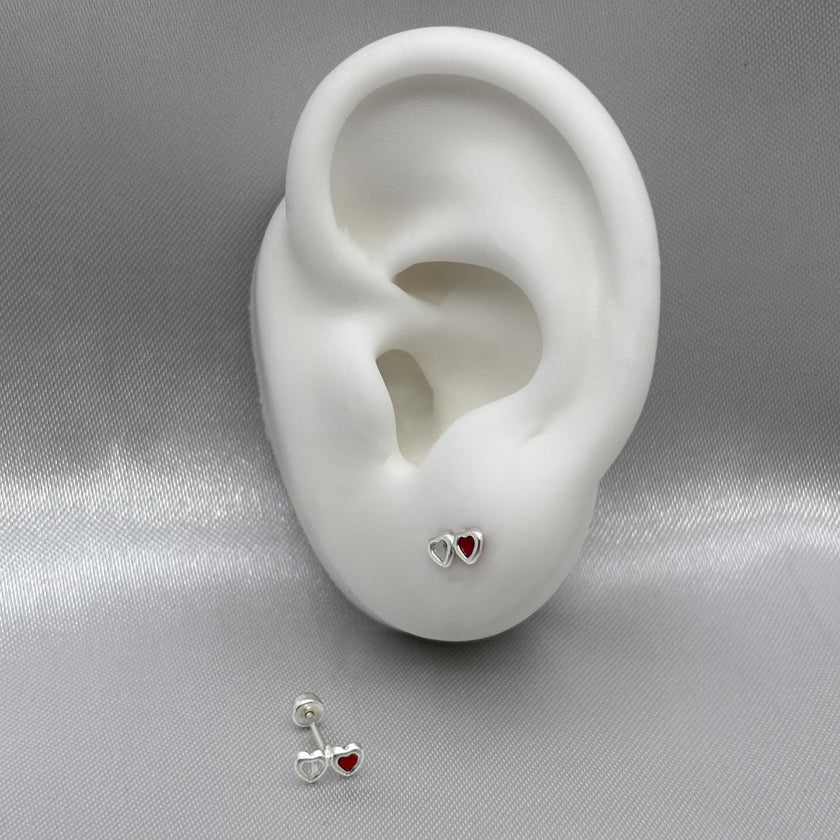 #BR316 - Broquel Doble Corazón Piedra Zirconia Plata - F40/