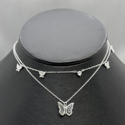 #G263 - Gargantilla Doble Mariposas Con Zirconia Plata - B14/4.0