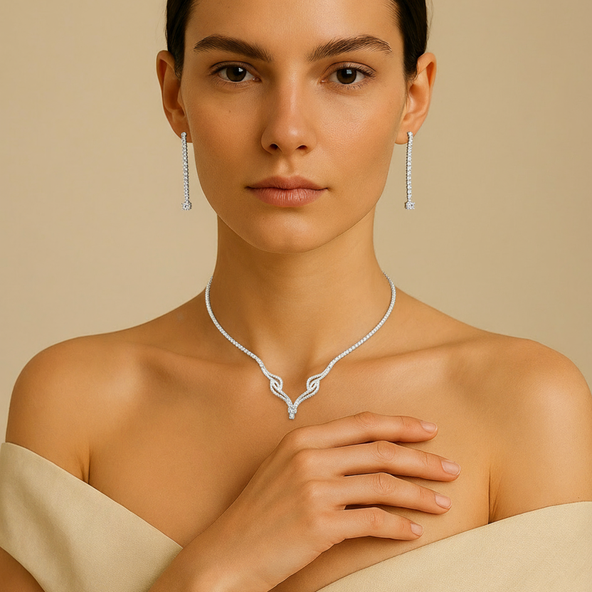 #J128 - Juego Gargantilla Y Aretes Con Zirconia Plata - B12/13.7